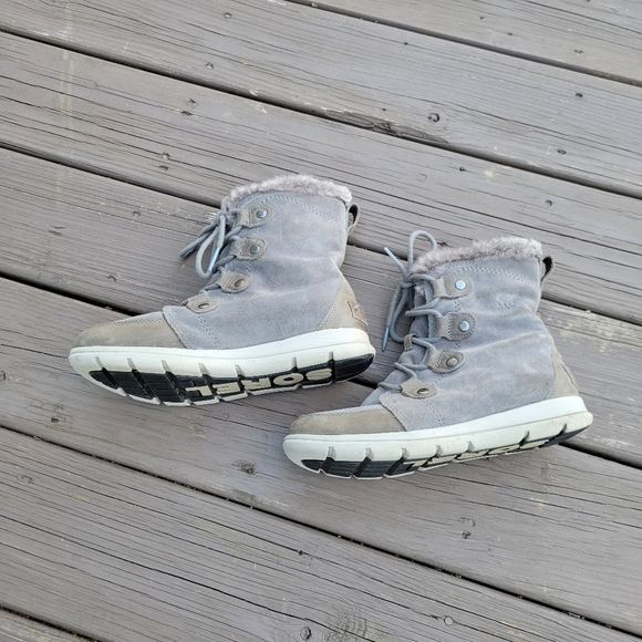 Sorel Explorer Joan Gray Suede Leather Lace-up Sneaker Winter Snow Ankle Boots - Picture 3 of 9
